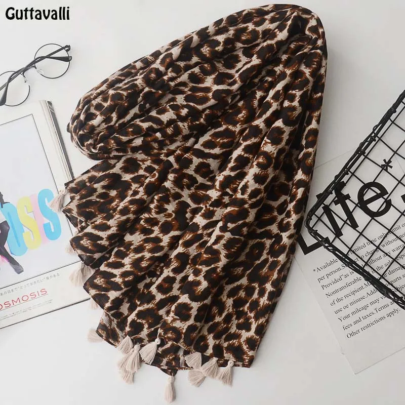 Guttavalli Women Leopards Print Long Tassels Shawl Vintage Summer Female Cotton Skinny Scarf Bohemia Animals Chevron Scarves photo