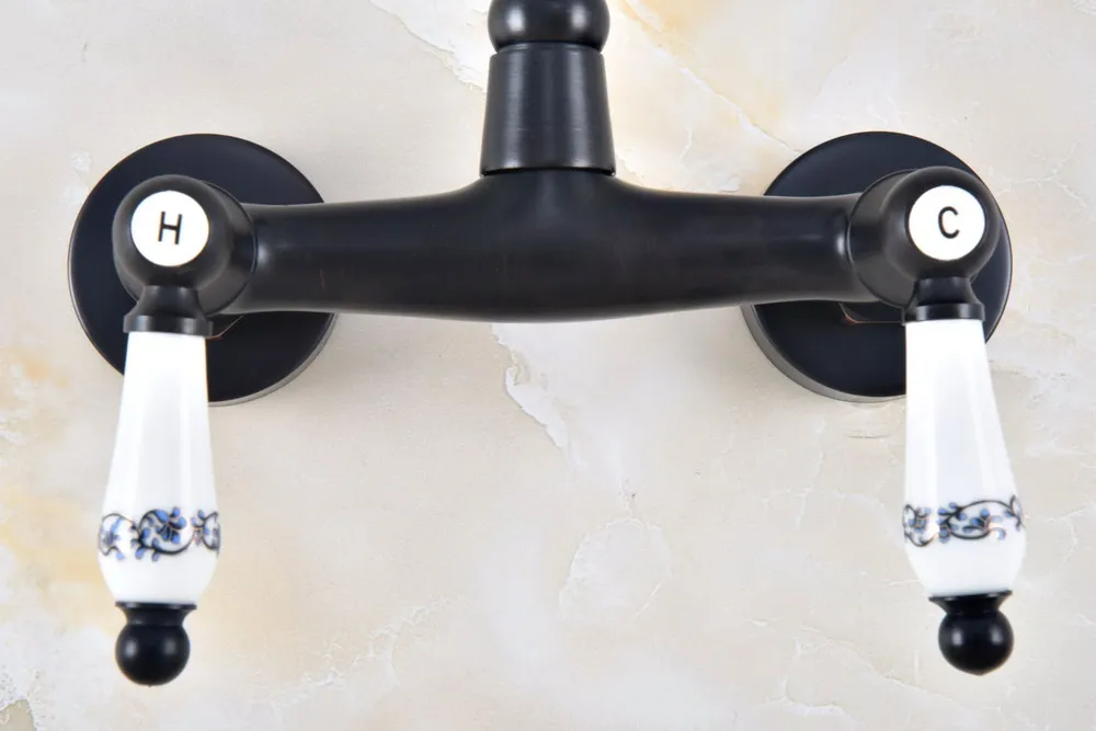 Kitchen Wet Bar Bathroom Vessel Sink Faucet Black Oil Rubbed Brass Wall Mounted Swivel Spout Mixer Tap Dual Ceramic Lever mnf826