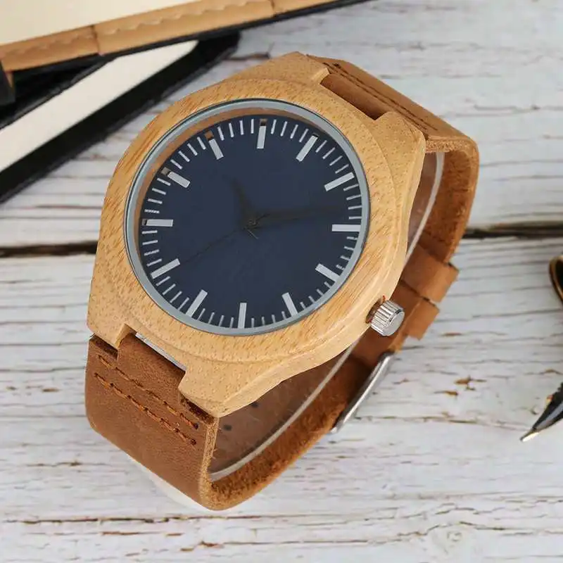 Unique Letter C Shape Luxury Green Marble Dial Men s Watch Genuine Leather Wooden Watches Quartz 2