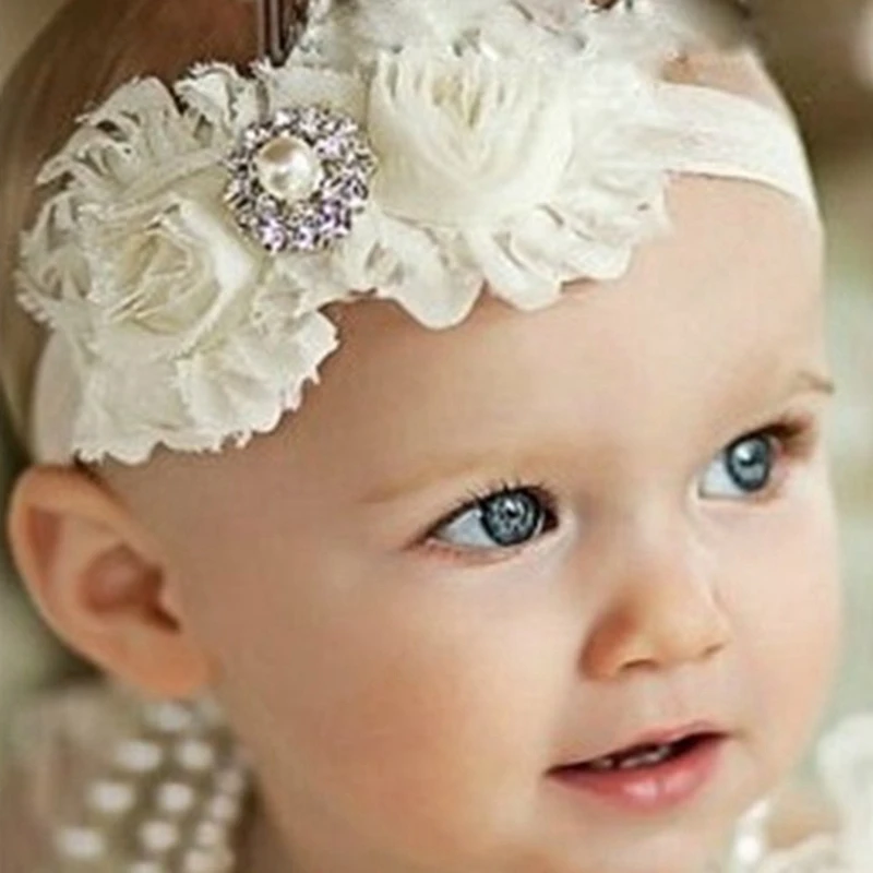 habi accessories baby girl shabby headband pearl flowers elastic hair