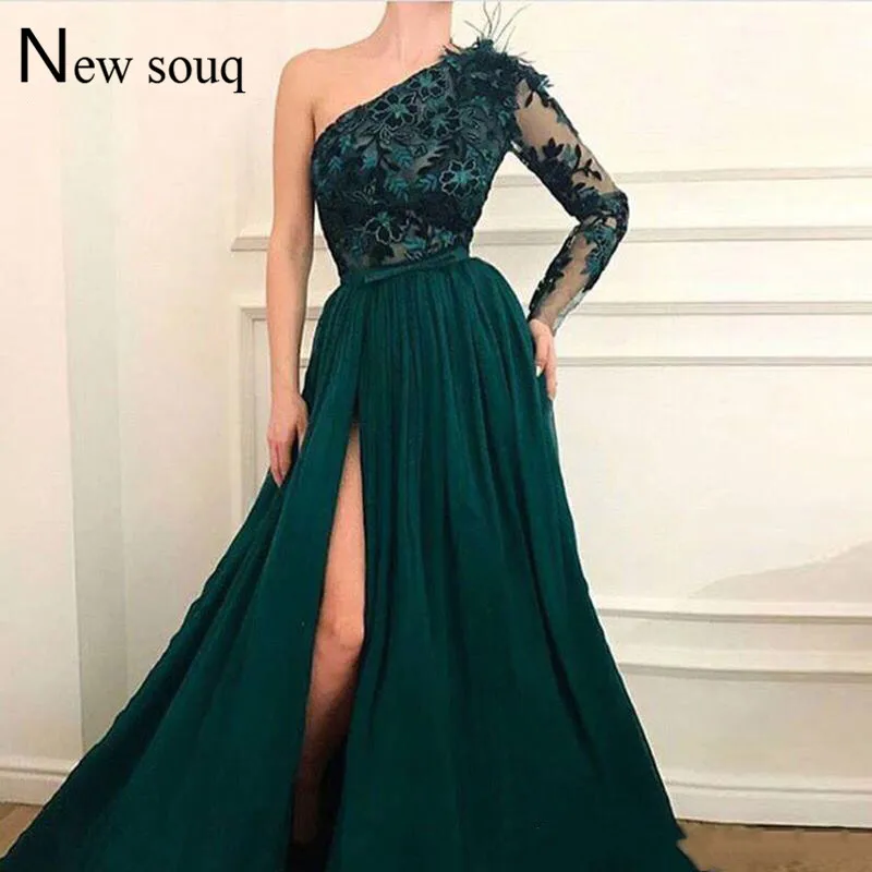 

Green One Shoulder Prom Dresses Robe De Soiree 2019 Arabic Dubai Long Sleeves Wedding Party Gown Middle East Women Evening Dress