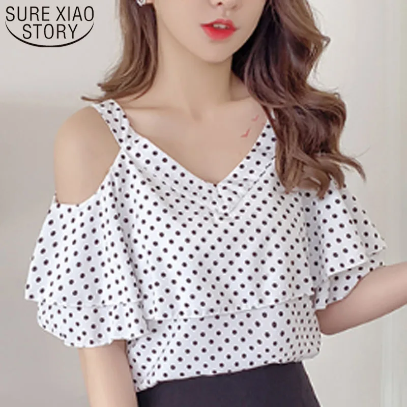 Women's Summer Blouses 2019 Short Sleeve Dot Chiffon Women Blouse Shirt Sexy Off Sloulder Top Womens Tops and Blouses   3416 50