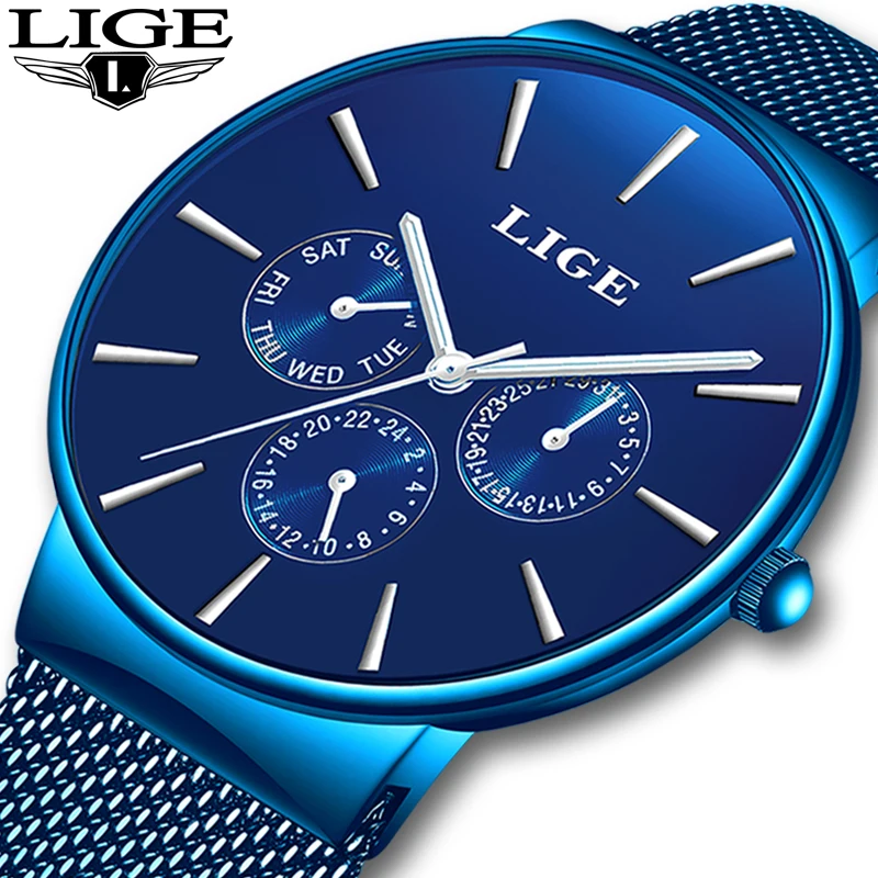 

LIGE Mens Watches Top Brand Luxury Casual Sport Watch Slim Mesh Steel Date Waterproof Quartz Watch Men Clock Relogio Masculino
