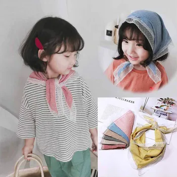 

Fashion Children scarf for Girls Plaid Lace Cotton Linen Scarf Spring Summer Decoration Hair Scarf