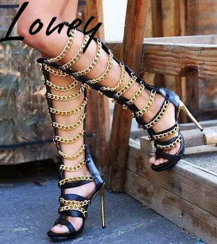 

Loney New Spring Summer Cutout Knee HIgh Spring Summer Sandals Sexy Open Toe Metal Chain Women HIgh Heel Sandals Shoes Women