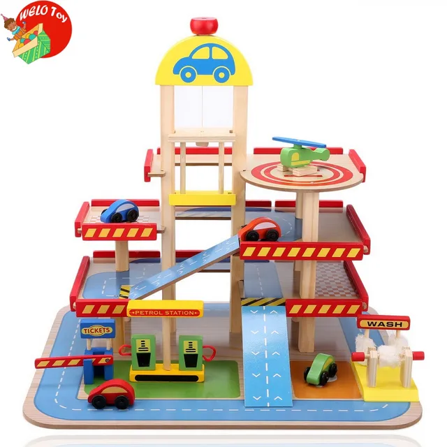 Children Boy Girl Three Level Wooden Parking Garage Toy Set