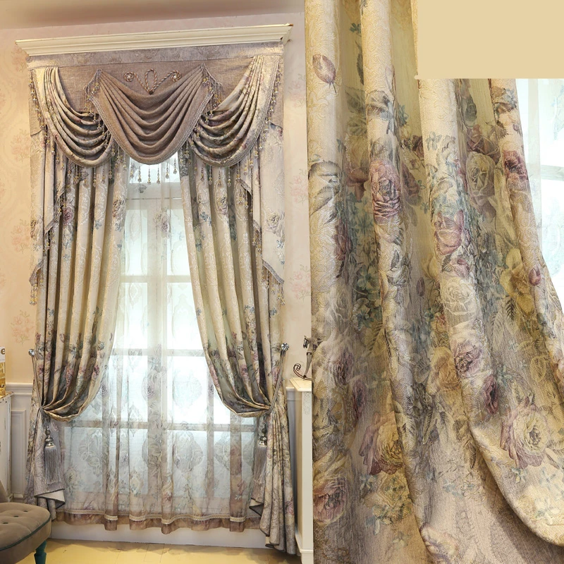 

Custom curtains upscale European pastoral Jacquard curtain American living room window blackout curtain tulle valance N194