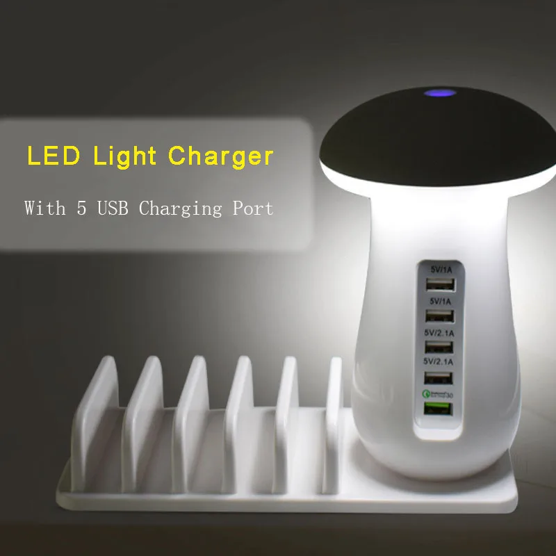 Evewher красивый инновационный QC3.0 Быстрая зарядка 5 USB 2.1A многопортовое зарядное устройство с грибной формы светодиодный удобный свет