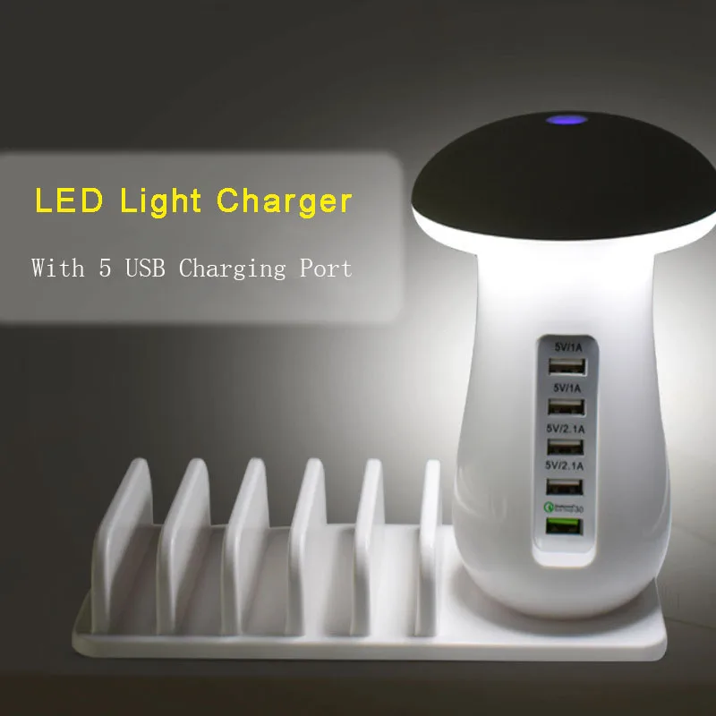 

Evewher New beautiful Innovative QC3.0 fast charging 5 USB 2.1A Multi-Port Charger With Mushroom Shaped LED Light convenient