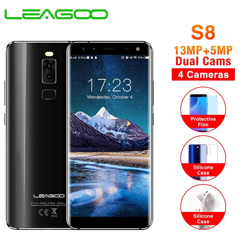  LEAGOO S8 5.72 full screen Mobile Phone Android 7.0 MTK6750T Octa Core 3GB+32GB 13MP 4 Cameras Fing