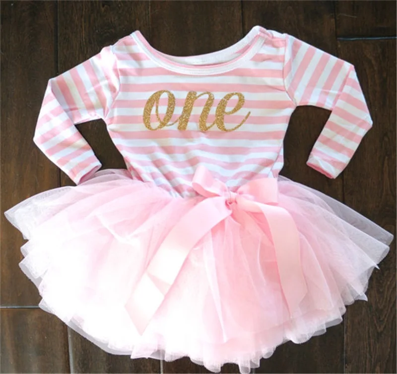 

12-24 Months Baby Girl Dress 1 Year Birthday Party Wear Full Sleeves Striped Ball Gown Newborn Infant Girl Clothing Tutu Dress