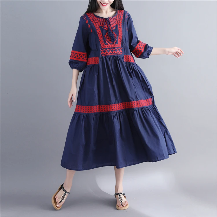 

Vintage Dress 2019 Autumn Summer Loose National Embroidery Cotton Linen Half Sleeve A line Korean Fashion Robe YoYiKamomo