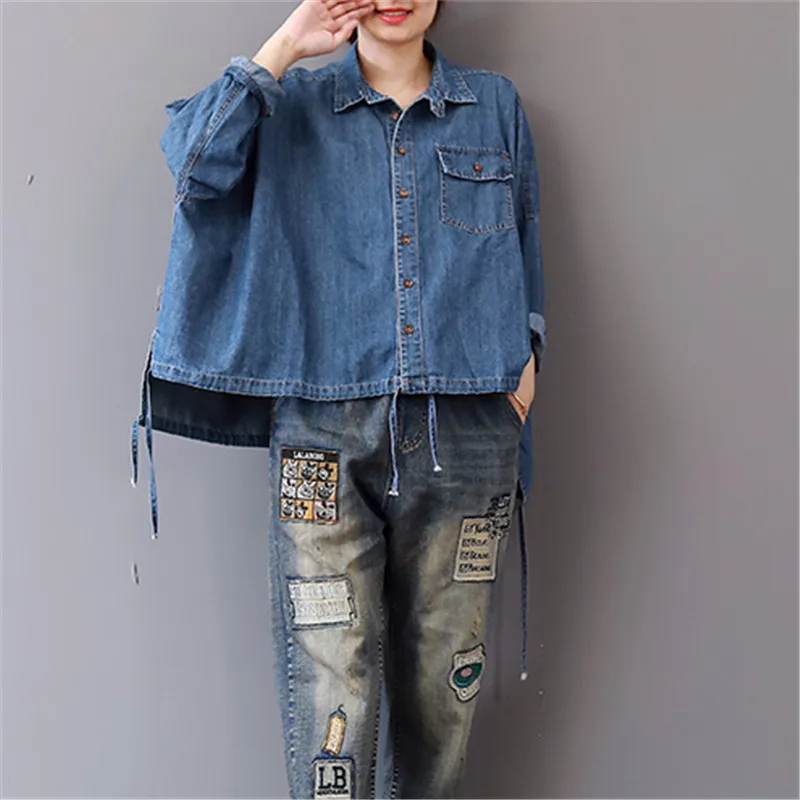 

Johnature New Female Denim Irregualr Jackets 2019 Casual Full Sleeve Turn-down Collar Tie Single-breasted Autumn Jeans Coats