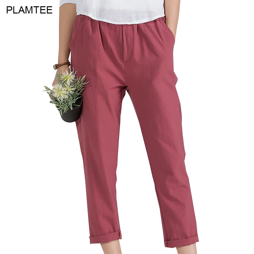 

Womens Linen Trousers with Elastic Waist Pants Solid Plus Size 5XL Pantalon Femme All Match New Spring Summer Ladies Harem Pants