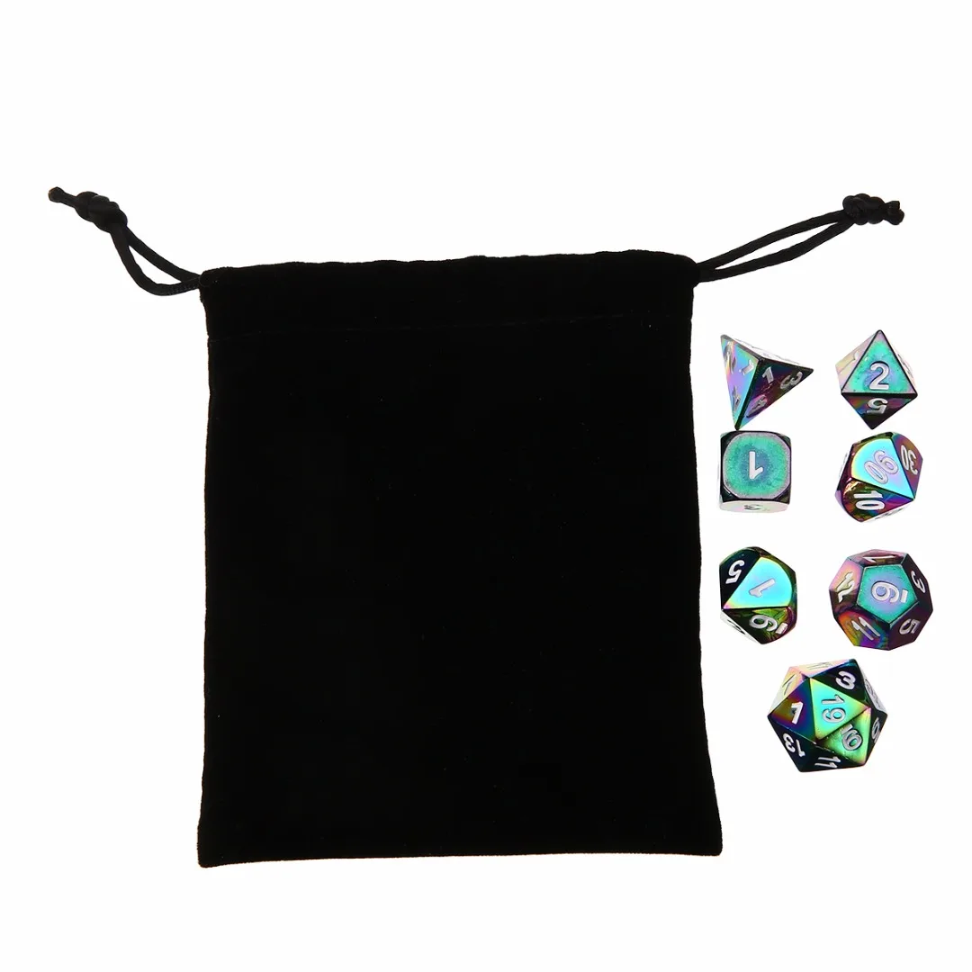 Kopen 7 stks set Nieuwe Rainbow Polyhedral Dices Set DND RPG MTG Rollenspel Board Game Kleurrijke Zinklegering Dobbelstenen met tas