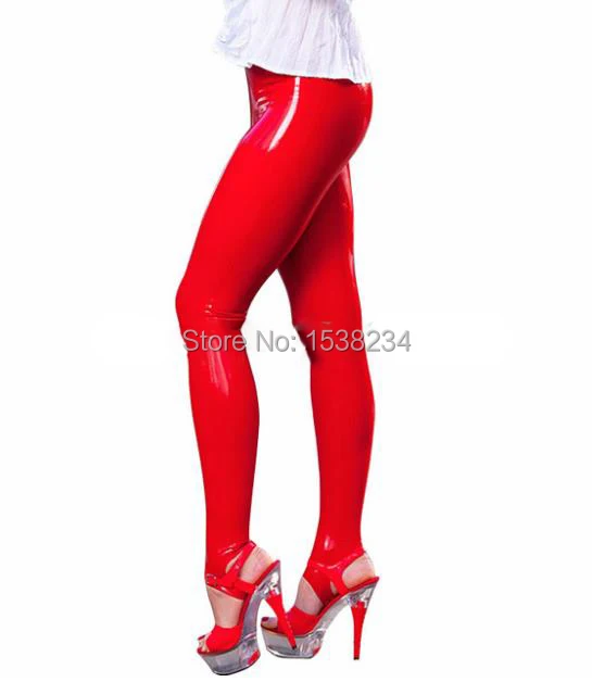 Women Rubber Red Foot Pants Latex Trousers Stepping on Leggings High Waist Crotch Zip |
