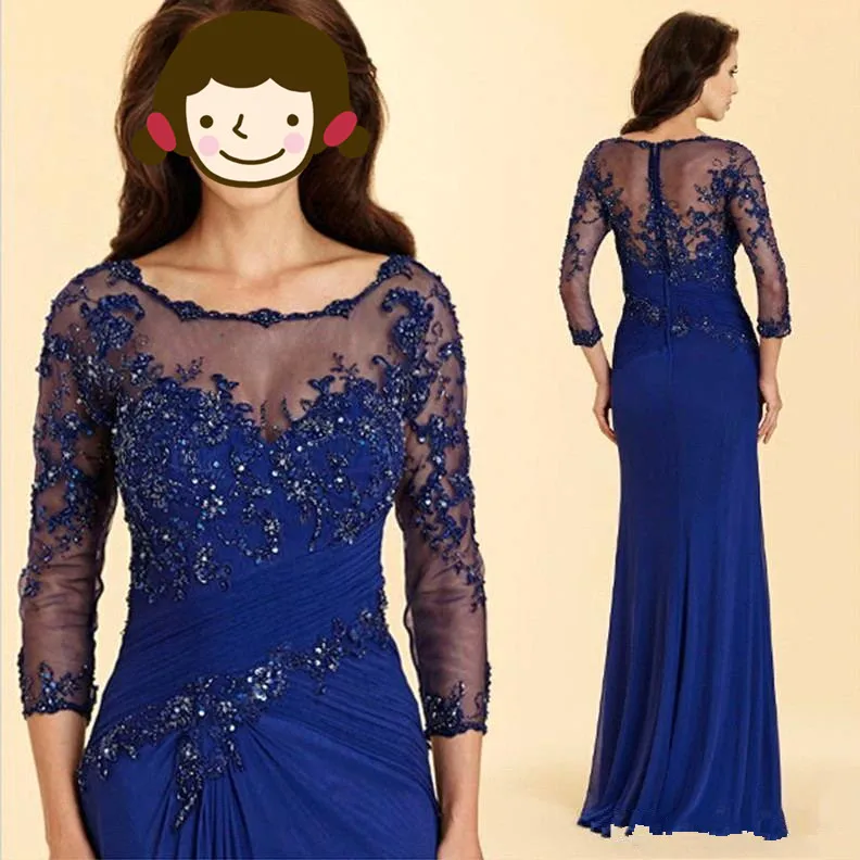 

Royal Blue Long Memaid Mother Of The Bride Dresses 2019 Cheap Appliqued Long Sleeve Mother Gown Mother Formal evening Dress