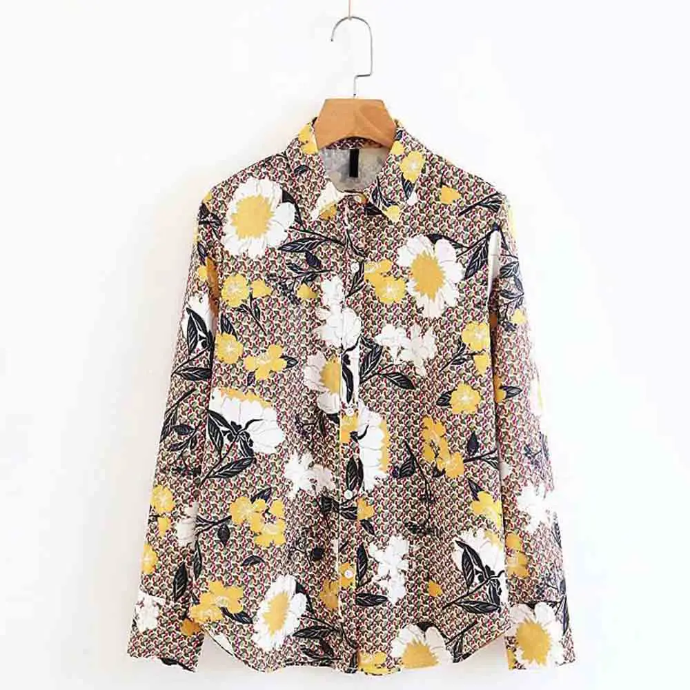 ANSFX Vintage Ethnic Yellow Floral Print Turn down Collar