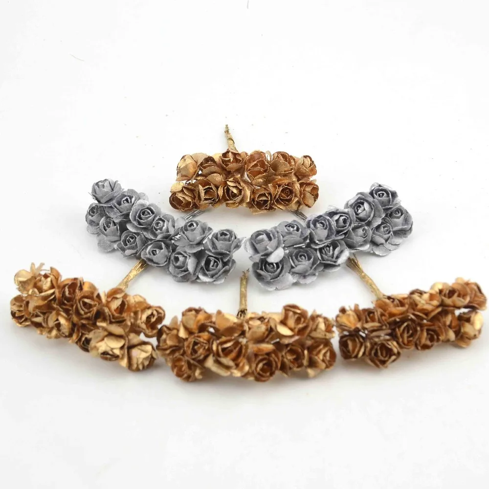 

144Pcs Head 2cm Gold Silver Plum Flower Artificial Mini Paper Rose Scrapbooking Flowers For Party Wedding Decoration Gift Supply