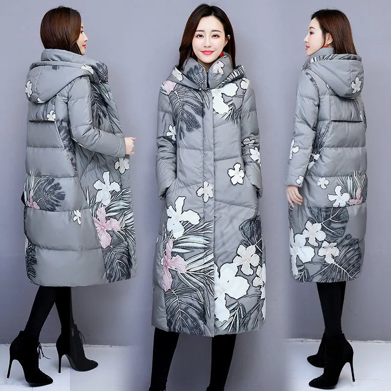 Winter Long Jacket Coat Women Parkas Thicken Warm Vintage Print Down Cotton Jacket Large Size Hooded Outerwear Female Basic Coat - Цвет: gray