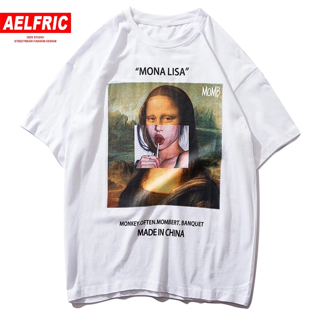 

AELFRIC Funny Mona Lisa Printed Short Sleeve T Shirts Streetwear Men 2019 Summer Harajuku Hip Hop Top Tees Fashion Male Tshirts