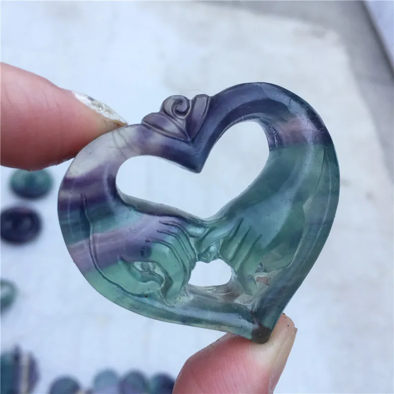 

Beautiful Natural Colorful Fluorite Crystal Heart Hand Carved Crystal Pendant Healing Gemstone Gift