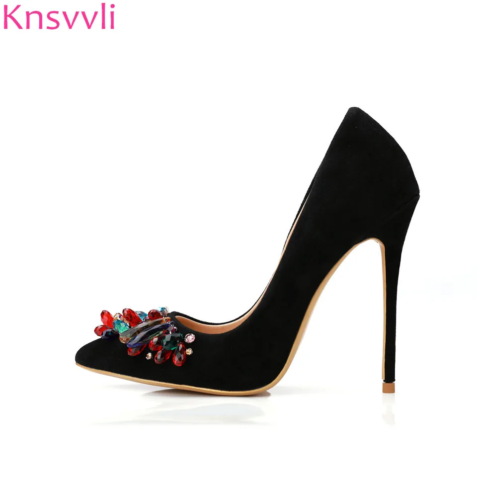 

Knsvvli Spring New Style Flock Coloured Nail Bead Decorate Stiletto Feminino Pointy Toe Fashion All-Match Women Heels Shoes