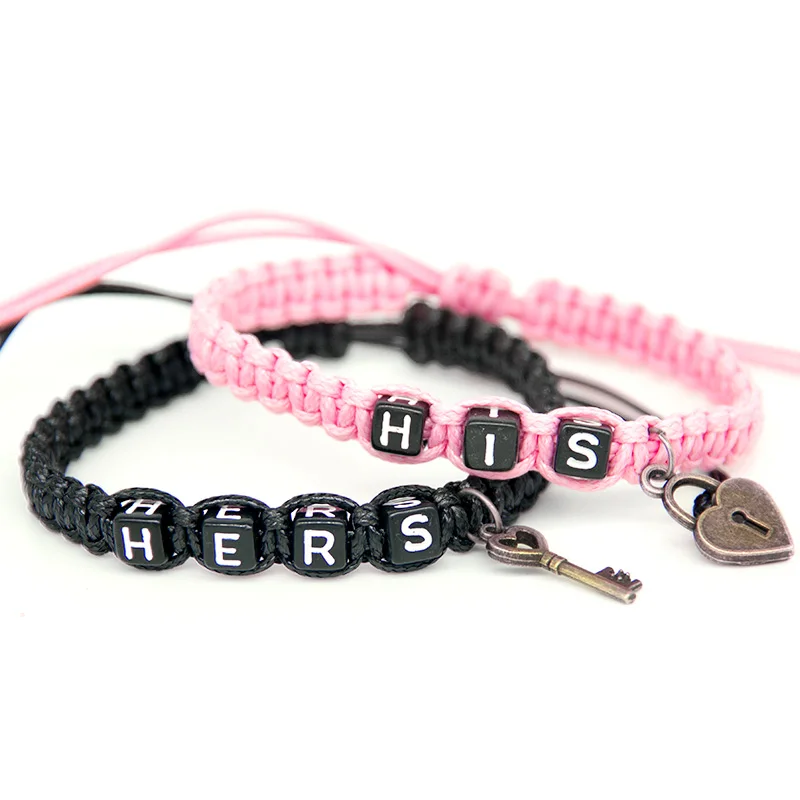 2pcs/pair Couple Bracelets Pink His And Black Hers With Key Lock Rope Chain Lovers Gift Handmade Girlfriend Gift Charm Bracelets 2pcs/pair Couple Bracelets Pink His And Black Hers With Key Lock Rope Chain Lovers Gift Handmade Girlfriend Gift Charm Bracelets