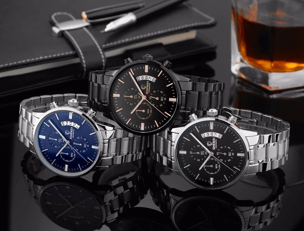 

Dawn genuine business three eyes six-pin multi-purpose men's steel calendar luminous waterproof quartz watch