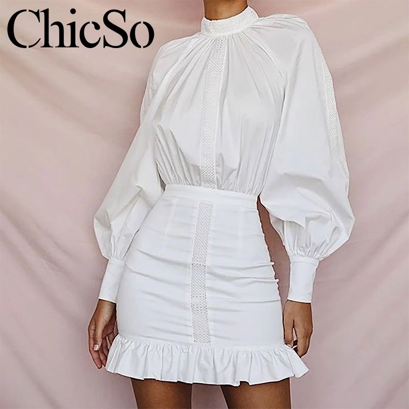 

MissyChilli White ruffle lantern sleeve shirt dress Women elegant bodycon office dress Summer autumn sexy party mini dress festa