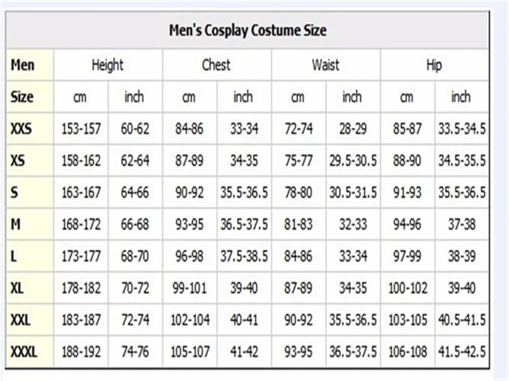 Mens size chart 