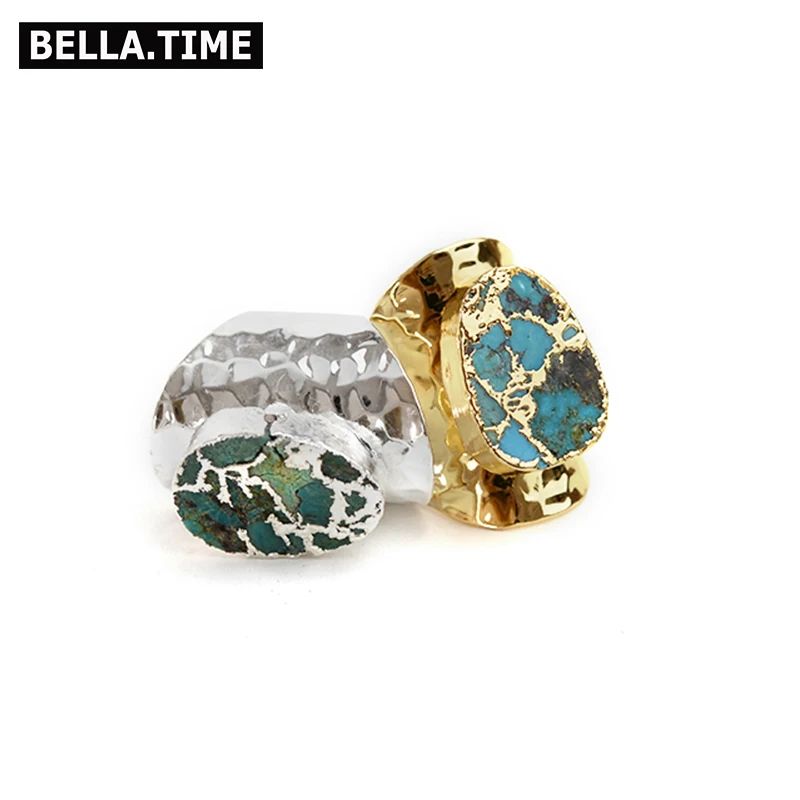 

BELLA.TIME Natural Stone Gold Silver Rings For Ladies Adjustable Pear Green Blue Turquoises Copper Rings Female Best Gift RI35