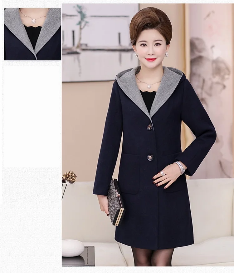 Autumn Winter Woolen Coat Women Hooded New Middle-aged Mother Clothes Long Slim Wool Coat Womens windbreaker Plus Size coat 5XL