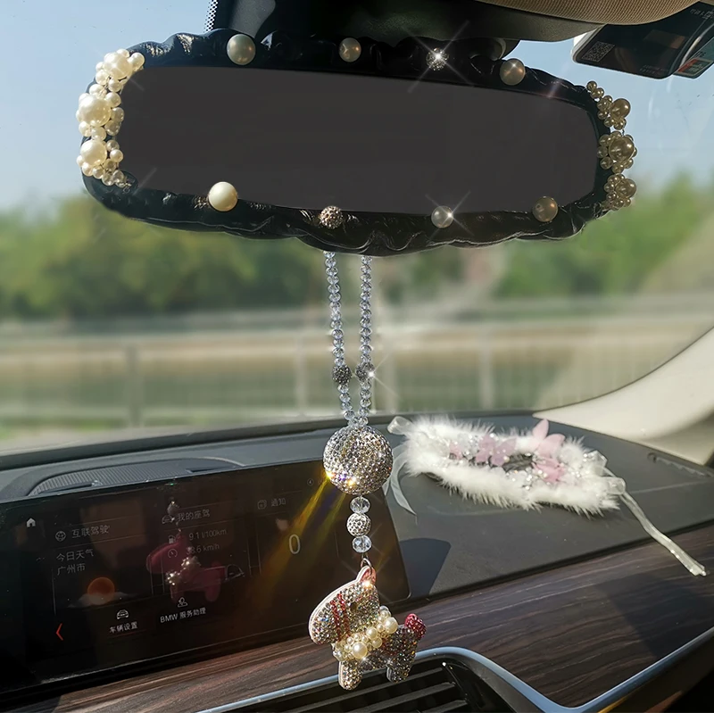 Универсальное блестящее Хрустальное кожаное зеркало заднего вида покрытие для интерьера жемчуг украшение для зеркала в машине для женщин девочек