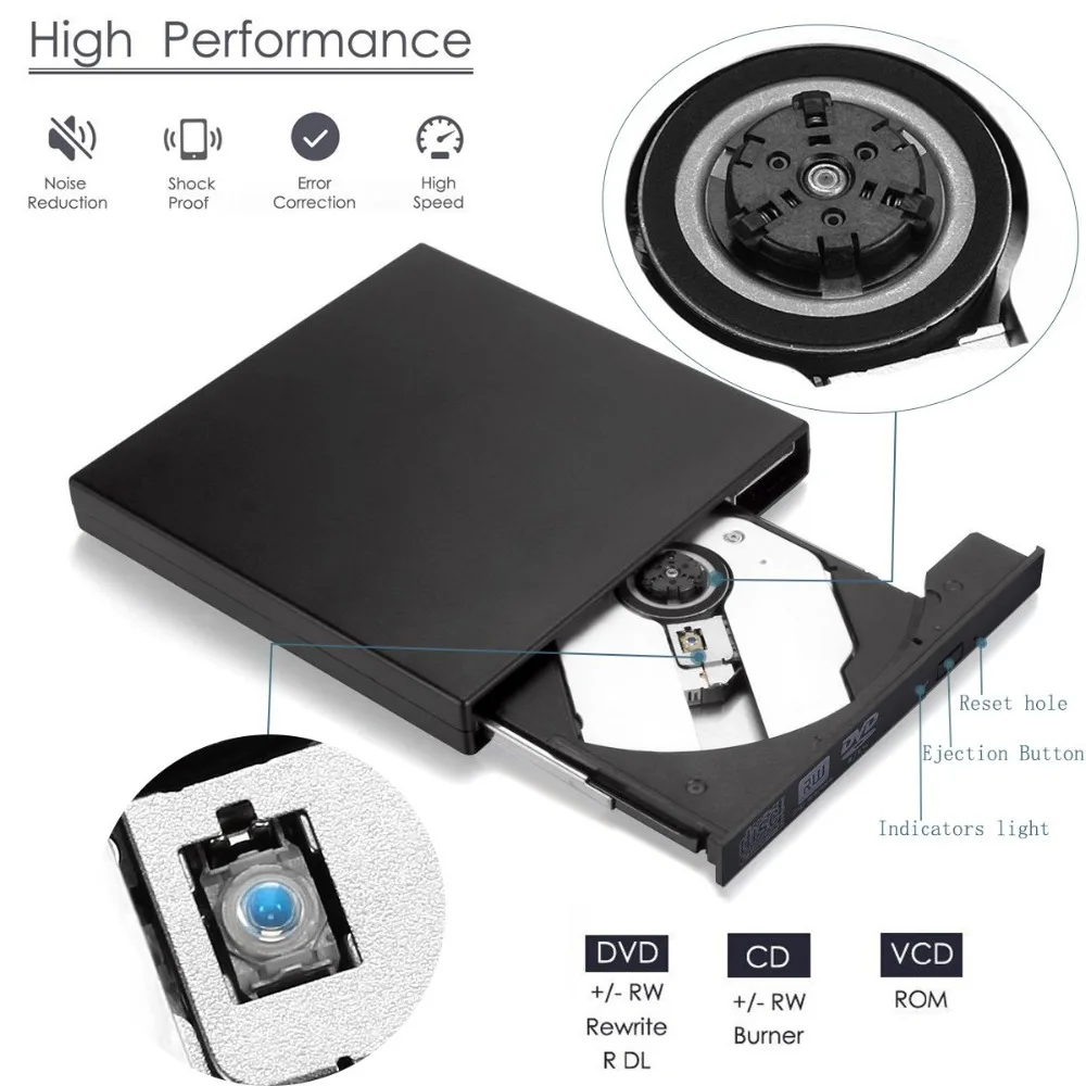 Внешний USB DVD накопитель для Toshiba Acer Lenovo ноутбук ПК Win XP/7/8/10 Super Multi 8X RW 24X CD