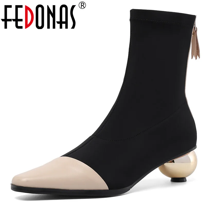 

FEDONAS Brand Design Square Toe Women Mid-calf Boots Strange High Heels Genuine Leather Zipper Chelsea Boots Prom Socks Boots