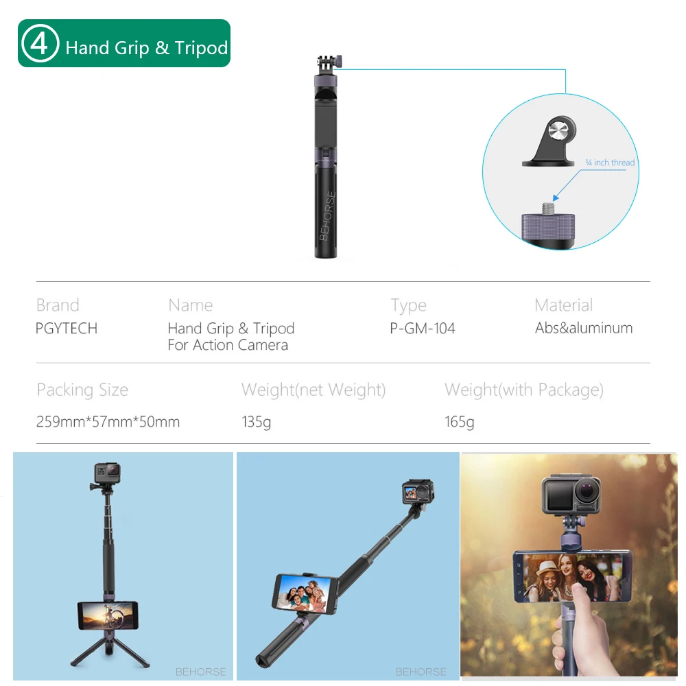PGYTECH DJI Osmo экшн штатив селфи палка 1/4 крепление рукоятка Штатив для GoPro Hero 7 6 5 Insta360