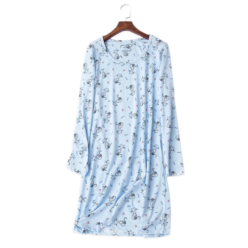 Большие размеры милый синий Кошки ночные рубашки женские sleepdress 100% хлопок с длинными рукавами красивые женские пижамы Домашняя одежда новый