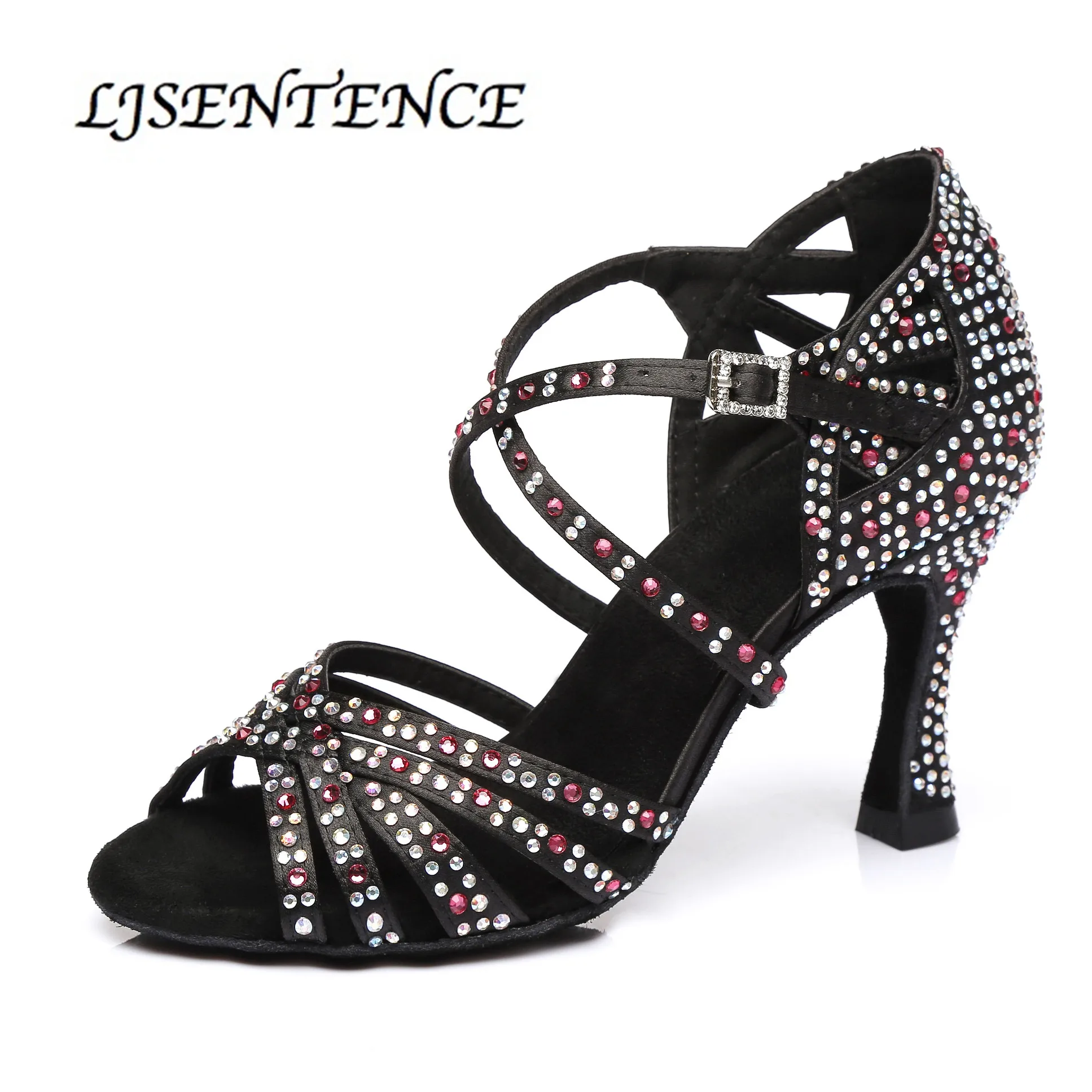 Women Dance Shoes Salsa party ballroom latin shoes big small rhinestone shining sparkle black skin satin Cuban heel 9cm Rumba