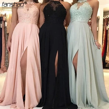 

Pink Chiffon Evening Dress Halter Long Backless High Split Lace Cheap Occasion Dresses 2019 Custom Made Prom Gowns