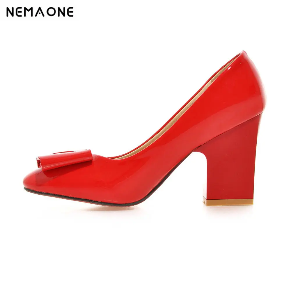 

New Women Pumps sweet square Toe patent Leather High Heels Shoes Woman Zapatos Mujer Tacon large size 34-43