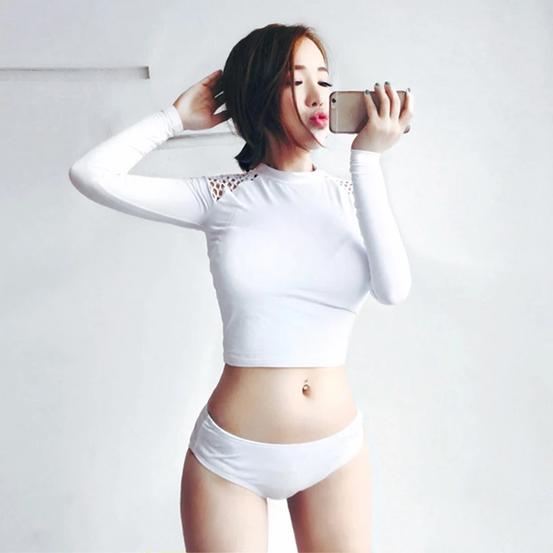

Long Sleeve Swimsuit Rashguard Women sun Bikini turtleneck split triangle three piece swimsuit Lycra Surf Camisa Uv Maillots