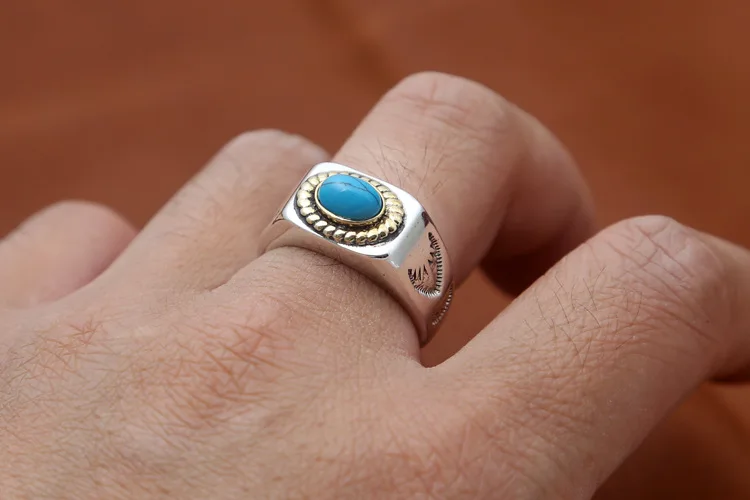 Ретро натуральный голубой бирюзовый мужские кольца, Настоящее серебро 925 пробы, мужское кольцо, ретро стиль, тайское серебро, хорошее ювелирное изделие, bague homme