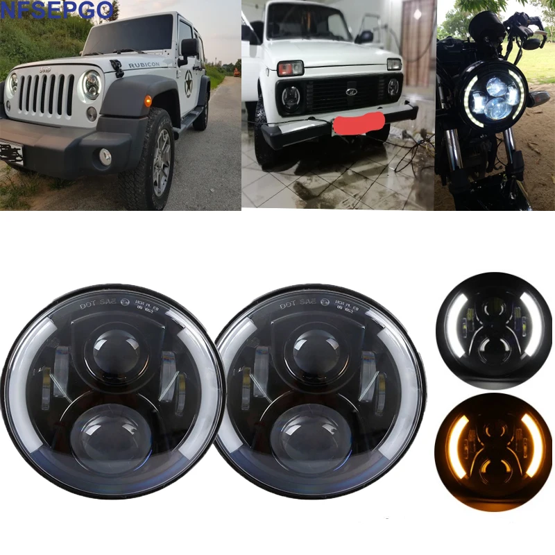 

7 Inch 60w Round LED Projector Headlights DRL hi/low Beam for Jeep Wrangler Jk TJ Niva cruiser Hummer 4x4 Motorcycle Headlamp