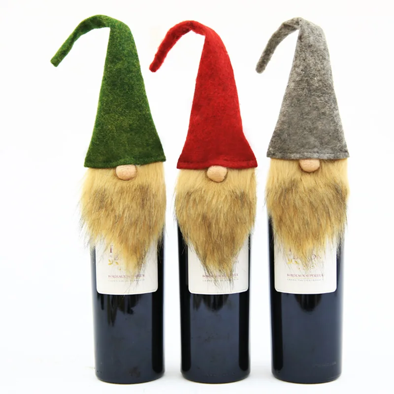 3pcs Christmas Gnome Wine Bottle Cover Topper Green Red Grey Felt with