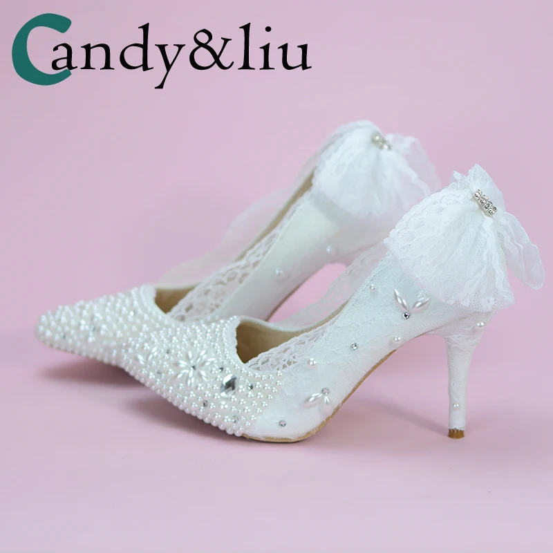 

Shoes Wedding White Color Crystal Lace Bow Pearls Sweety Princess Styel Pointed Heels Graceful and Beautiful Shoes For Bride