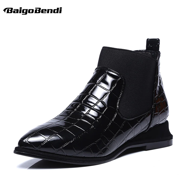 

Woman Flat Boots Patent Leather Pointed Toe Elastic Slip On Casual Boots Ladies Comfortable Genuine Leather Boots