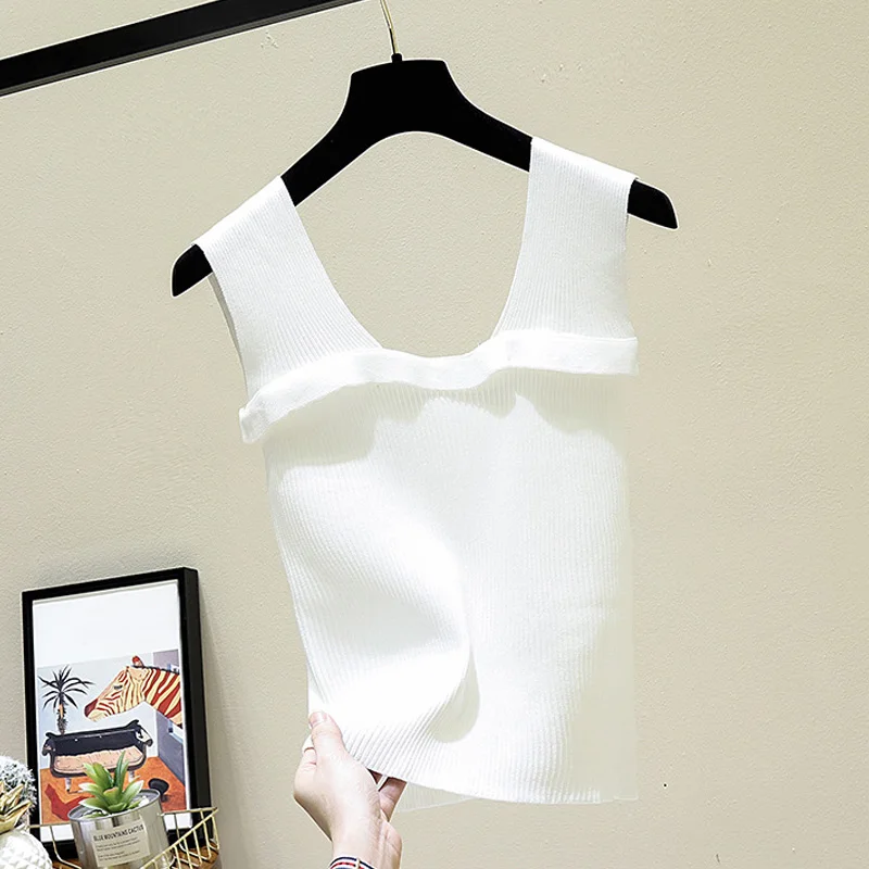 

Women Sleeveless Knit Vest Wide Strap Slim Fit Ruffles Tank Tops QL Sale