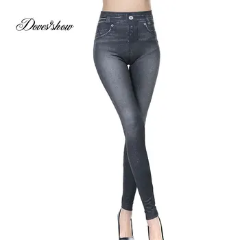 

2018 New Fashion Slim Women Leggings Faux Denim Jeans Workout Leggings Sexy Long Printing Summer Casual Pencil Pants Real Pocket