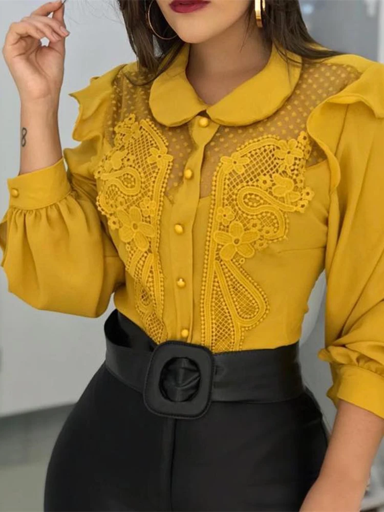 

2019 Summer Elegant Women Fashion Yellow Leisure Stylish Patchwork Casual Shirt Peter Pan Collar Mesh Lace Insert Blouse